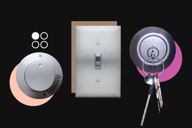 icons symbolizing common compulsions like a stove knob, a light switch, and a lock