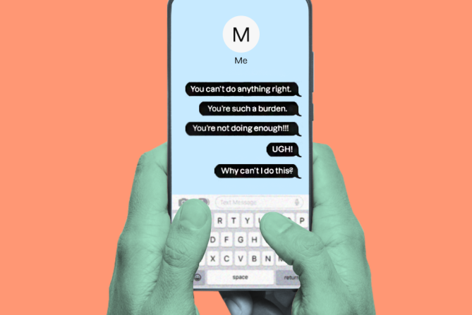Someone typing on a phone symbolizing negative thoughts