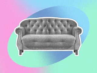 Couch over colorful background to symbolize therapy.