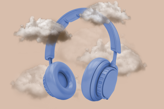 Blue headphones in clouds