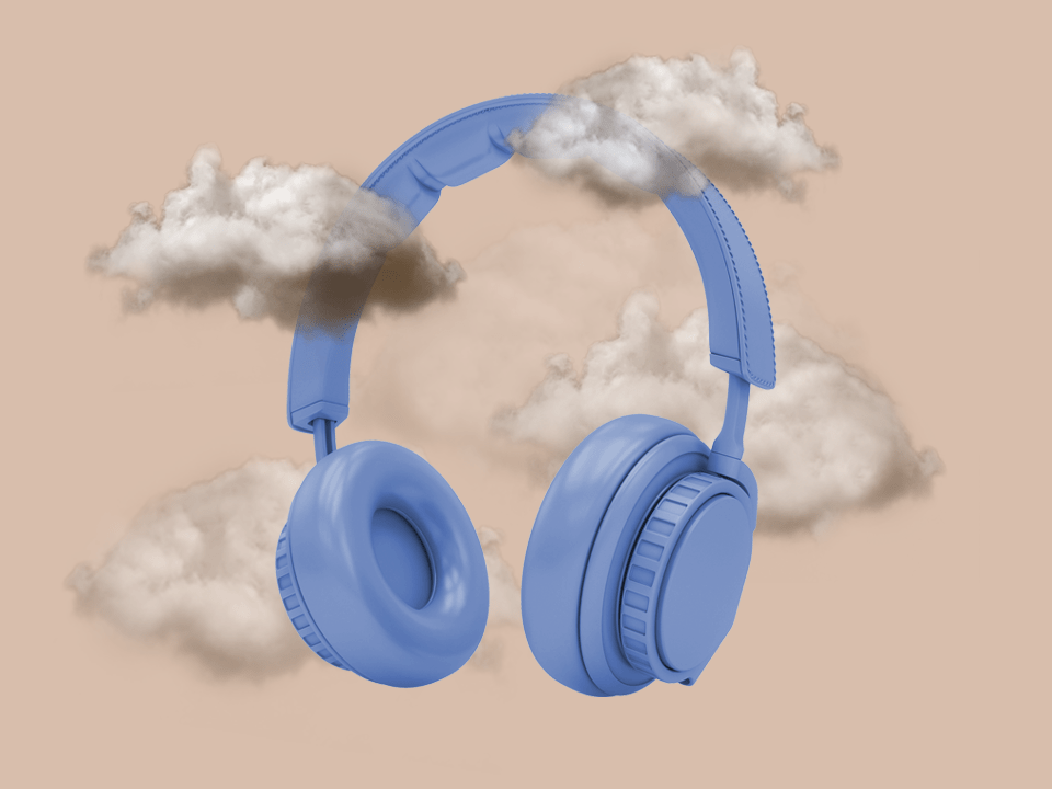 Blue headphones in clouds