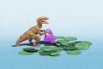 a dinosaur holding a purse learning how to save money