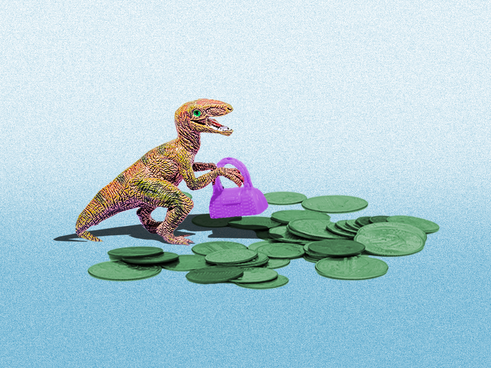 a dinosaur holding a purse learning how to save money