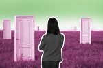a person standing in front of a few different doors because she's full of indecisiveness