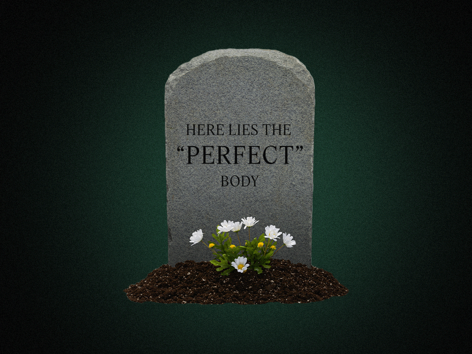 a grave stone that says here lies the perfect body