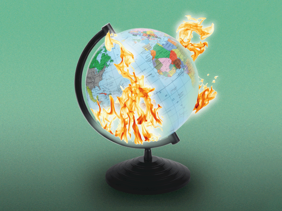 A globe on fire, representing climate anxiety