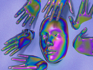 Chromatic face and hands to represent psychosis symptoms