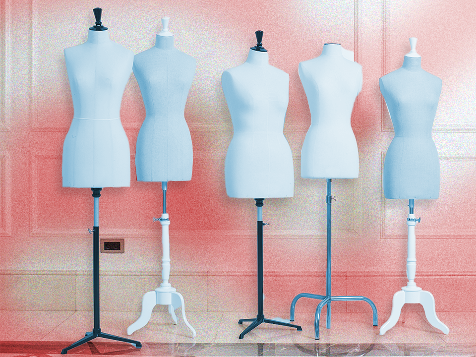 Blue mannequins on a red background