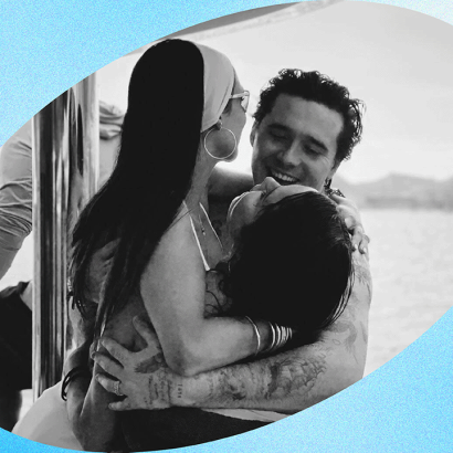 Brooklyn and Nicola Peltz Beckham with Selena Gomez. The trio is hugging and smiling outside