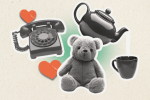 A teddy bear, phone, and teapot