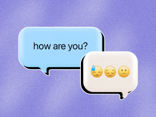 Text exchange with one person asking 'how are you?' and the other person responding in emojis that they're not ok