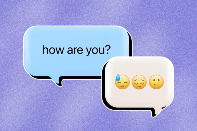 Text exchange with one person asking 'how are you?' and the other person responding in emojis that they're not ok