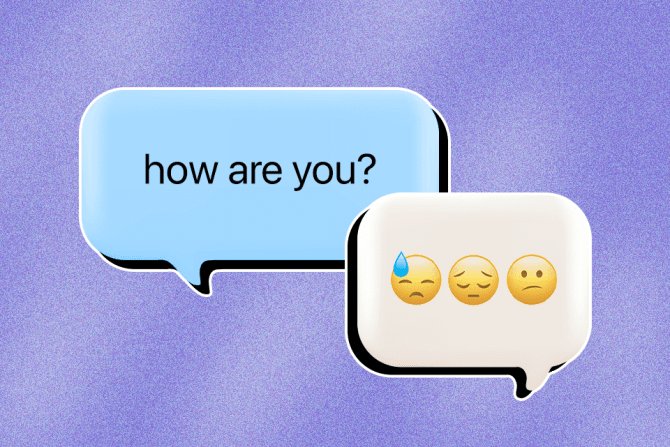Text exchange with one person asking 'how are you?' and the other person responding in emojis that they're not ok