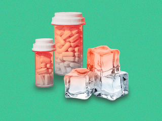 An assortment of medication bottles and ice cubes which you can use to stop a panic attack