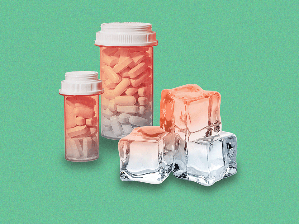 An assortment of medication bottles and ice cubes which you can use to stop a panic attack