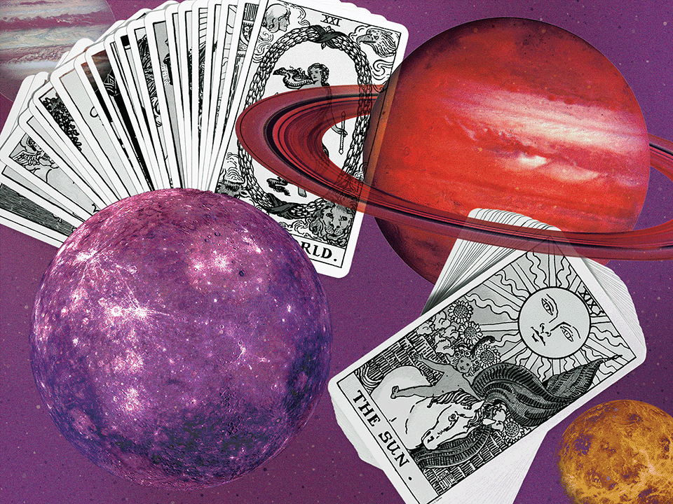 images of planets and tarot cards that represent how tarot and astrology can be mental fitness tools