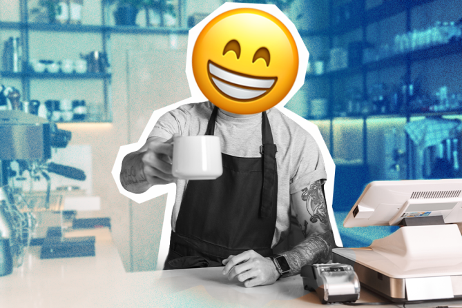 A barista handing their surface-level friend a mug of coffee