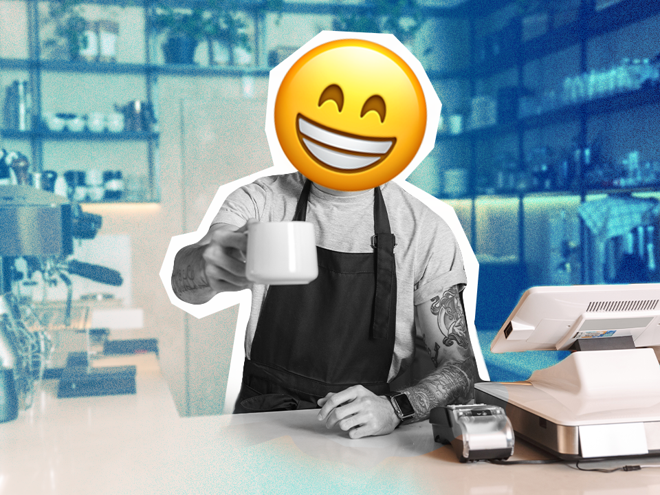 A barista handing their surface-level friend a mug of coffee