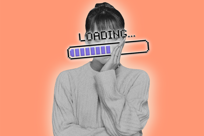 A woman with a "loading" sign over her face, looking super bored to represent tips for what to do when you're bored
