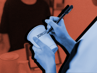 a barista writing depression on a coffee cup indicating the person has high-functioning depression
