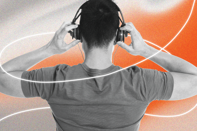 Showing a man relieve stress by listening to music