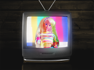 a Barbie waving on a retro TV to signify nostalgic content