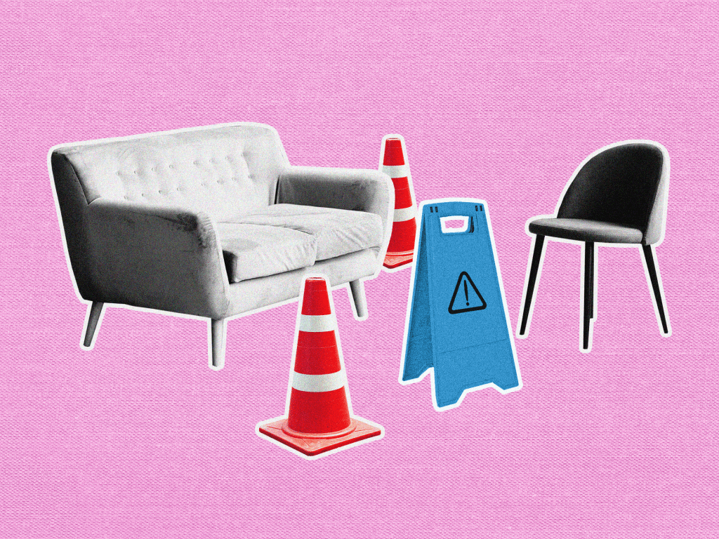 a therapist's couch surrounded by caution signs