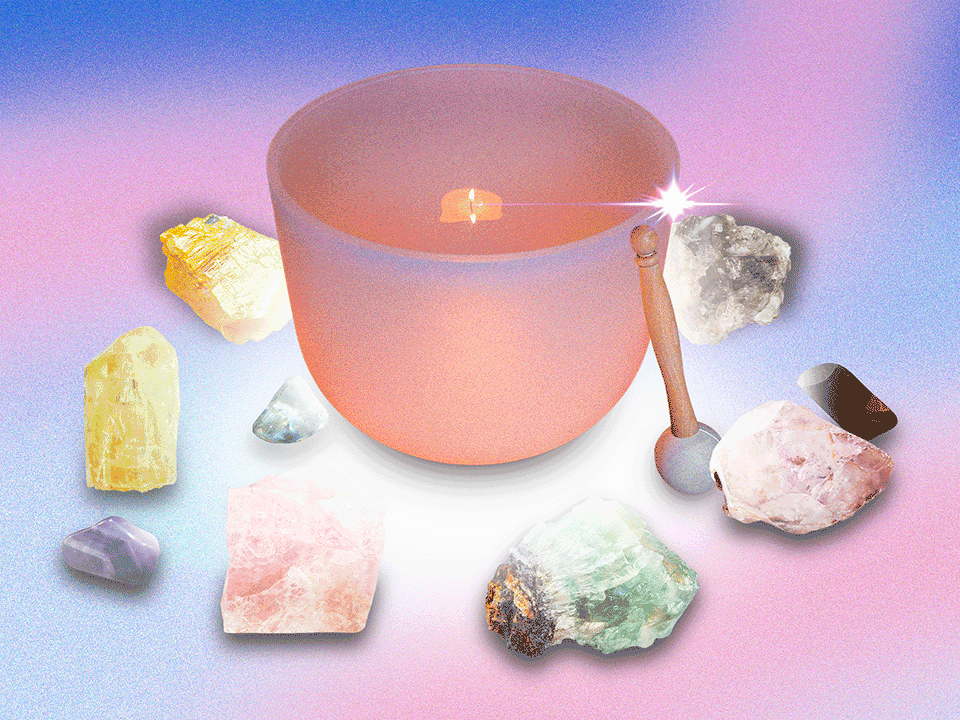 A song bowl surrounded by crystals symbolizing energy healing