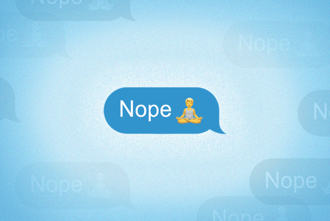a text message saying "nope" with a person meditating emoji