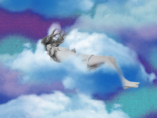 a woman floating through clouds dissociating from her family during the holidays