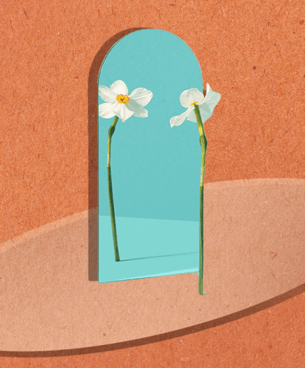 A flower looking at itself in the mirror to represent self-awareness
