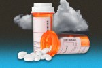 a bottle of medication for major depressive disorder in front of a cloud representing depression