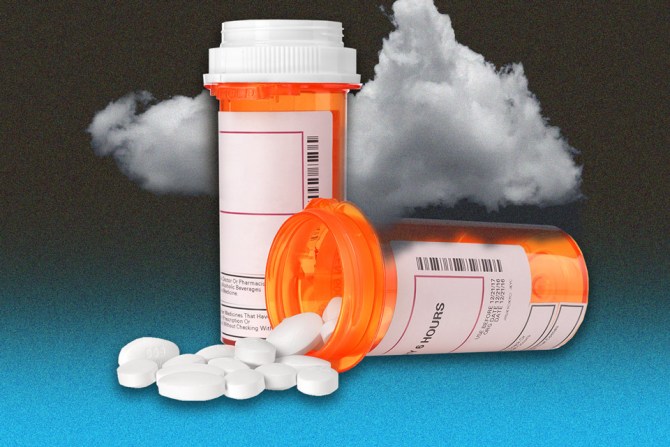 a bottle of medication for major depressive disorder in front of a cloud representing depression