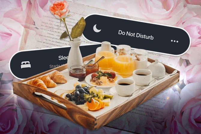 A tray for breakfast in bed, an open book, and a screen shot of the do not disturb setting on your phone for hurkle durkle