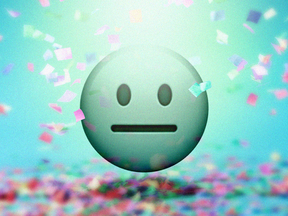 a neutral face emoji covered in confetti symbolizing anhedonia
