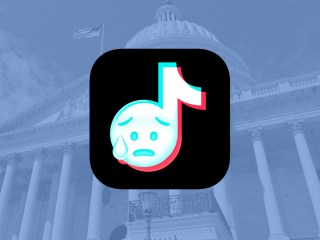 The TikTok app icon with a sweaty emoji face over top symbolizing the potential ban of tiktok