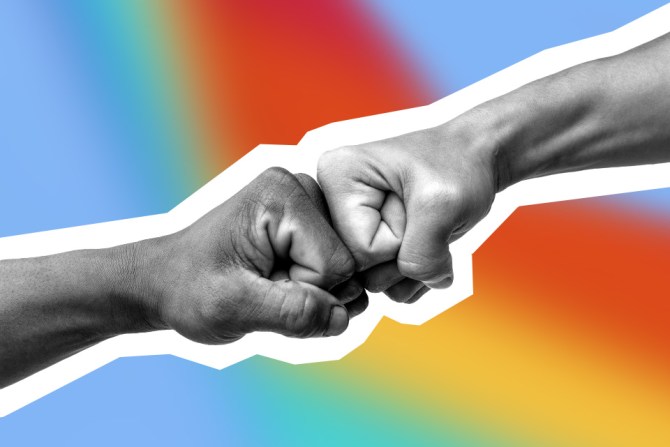 two fists bumping each other on a blue, green, yellow, and red background