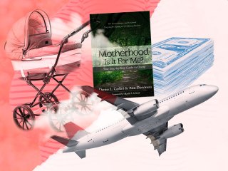 a stroller, plane, stack of dollars, and a book about deciding whether to have kids