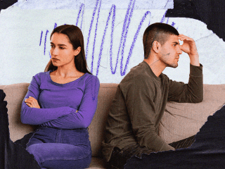 Two people turned away from each other on the couch and tension between them to illustrate relationship OCD
