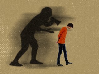 A person walking with a self-hate shadow behind them that's shouting, "I hate myself!"