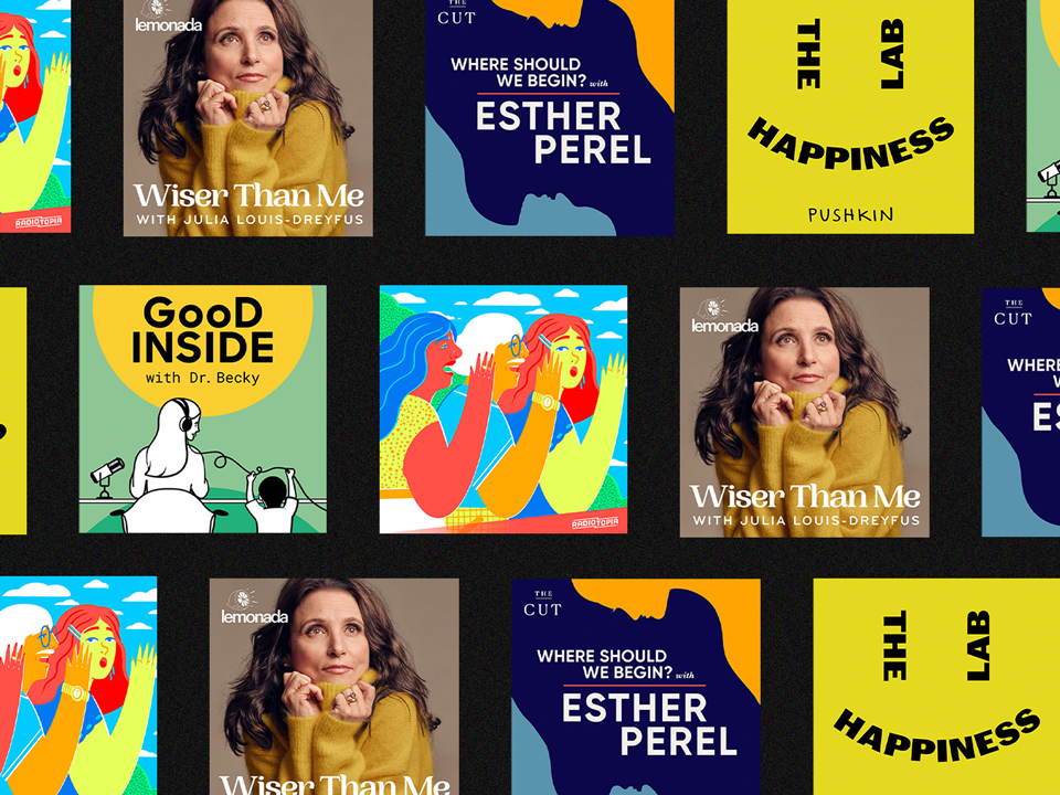 Various podcast thumbnails