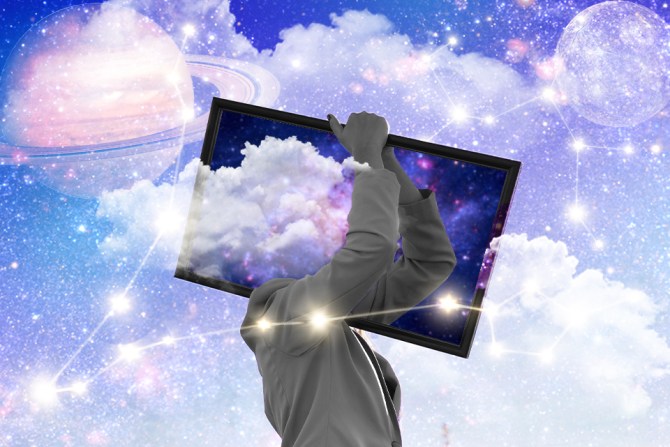 A person carrying a mirror amid a background of the stars and planets