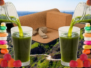 A collage of green juice, vitamins, yoga mats, and nature