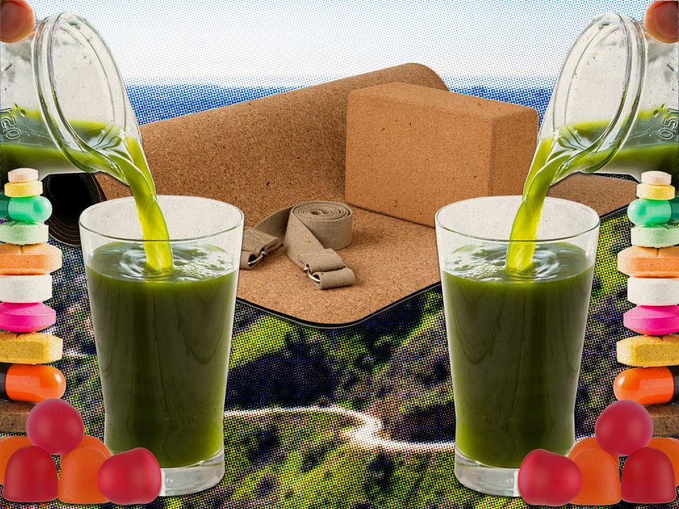 A collage of green juice, vitamins, yoga mats, and nature